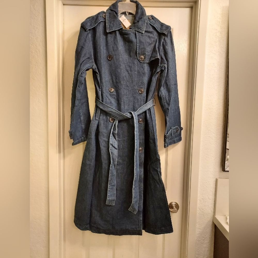 NWT GAP Womens Denim Double-Breasted Trench Coat, Belted, Size M